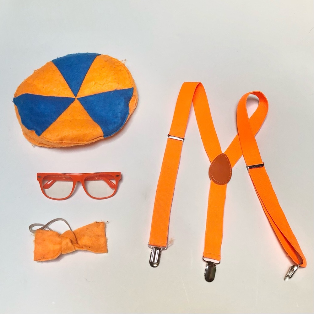 Blippi Homemade Costume - Fits 3T - Hat, Suspenders, Glasses & Bow tie